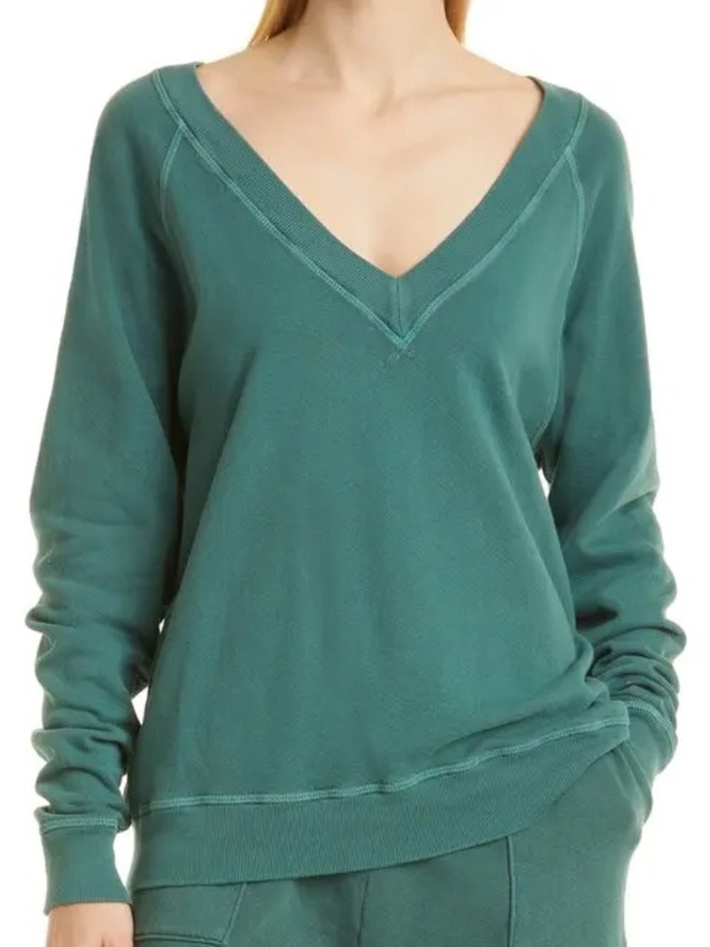 THE GREAT. Women's V-Neck Sweater in Teal Green